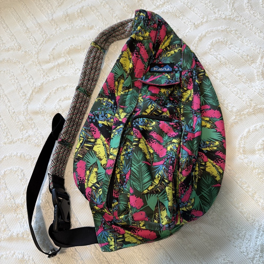 KAVU Women's Rope Sling Backpack Floral Medium Polyester Zip EUC